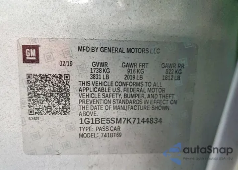 2019 Chevrolet Cruze Lt z USA, uszkodzony, nr VIN 1G1BE5SM7K7144834